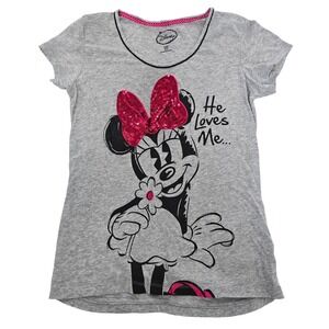 Disney Minnie Mouse Girls Sequin Bow Shirt Size 4-6 Gray "He Loves Me"
